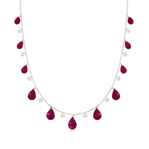 Ross-Simons ruby and cultured pearl drop necklace in sterling silver