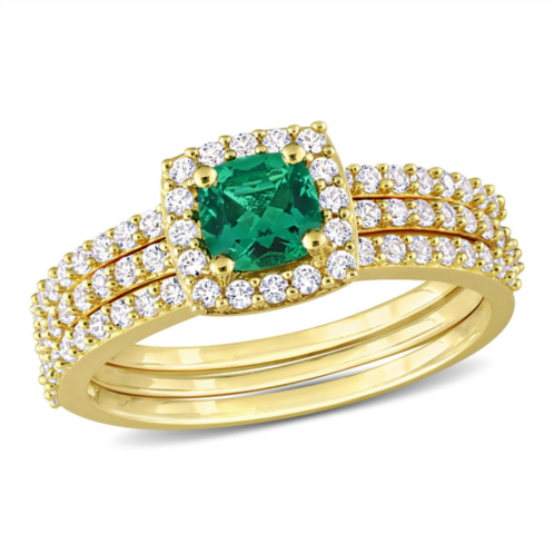 Mimi & Max 1 1/2ct tgw created emerald and created white sapphire bridal three-ring set in yellow silver