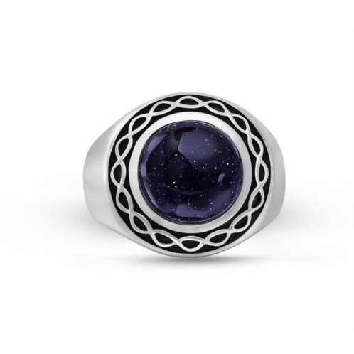 Monary blue sand stone flat back cabochon signet ring in black rhodium plated sterling silver