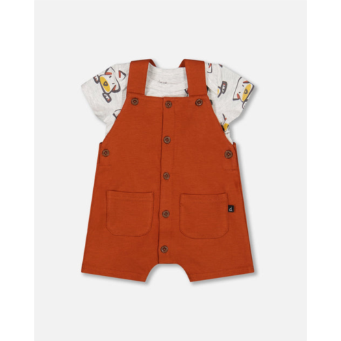 Deux par Deux organic cotton onesie and shortall set heather beige with printed dog and cinnamon