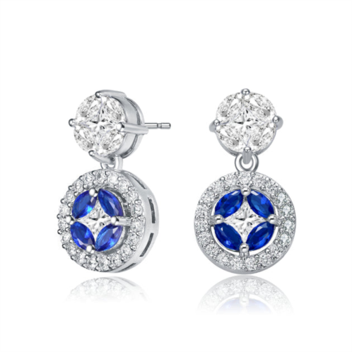 Genevive sterling silver with rhodium plated blue marquise with clear princess and round cubic zirconia accent drop earrings