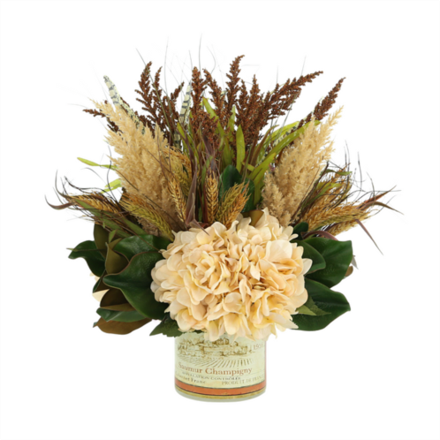 Creative Displays fall arrangement w/ hydrangea, wheat and heather