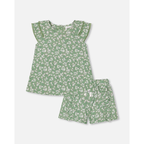 Deux par Deux muslin blouse and short set green jasmine flower print