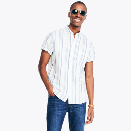 Nautica mens sustainably crafted striped linen short-sleeve shirt