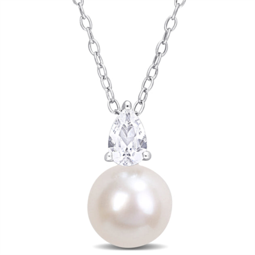 Mimi & Max 8.5-9 mm white freshwater cultured pearl and 5/8 ct tgw created white sapphire solitaire pendant with chain in sterling silver