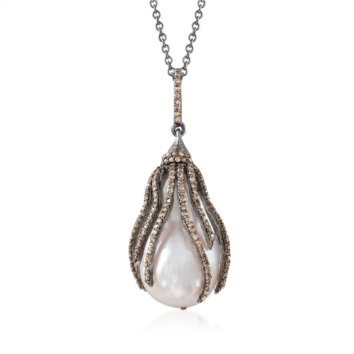 Ross-Simons 22.7x15mm cultured baroque pearl and brown diamond pendant necklace in sterling silver