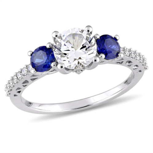 Mimi & Max 2ct tgw created white and blue sapphire and 1/7ct tdw diamond 3-stone engagement ring in 10k white gold