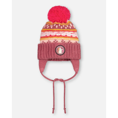 Deux par Deux winter pompom knit earflap hat purple and pink