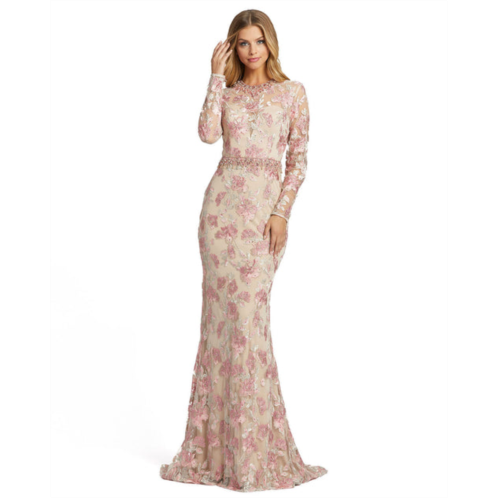 Mac Duggal floral embroidered illusion long sleeve trumpet gown