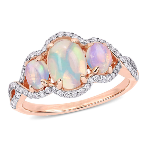 Mimi & Max ethiopian blue opal and 1/3 ct tw diamond 3-stone halo twist ring in 10k rose gold