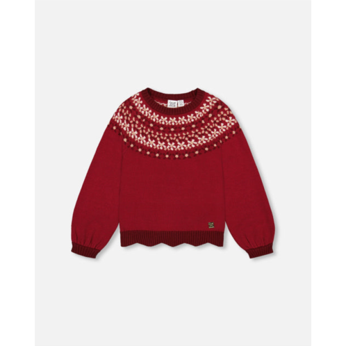 Deux par Deux intarsia sweater with long puff sleeves burgundy