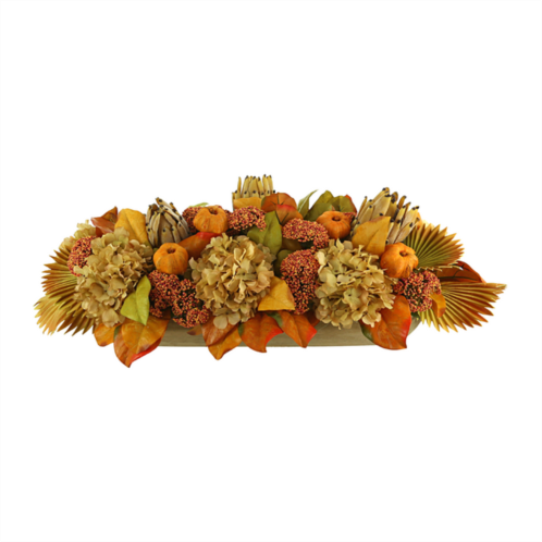 Creative Displays fall arrangement w/ hydrangea, protea and pumpkins