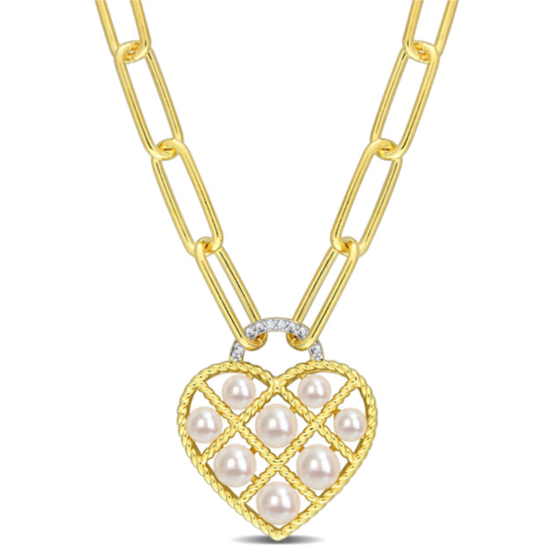 Mimi & Max freshwater cultured pearl & diamond accent heart paperclip chain link necklace in yellow plated sterling silver