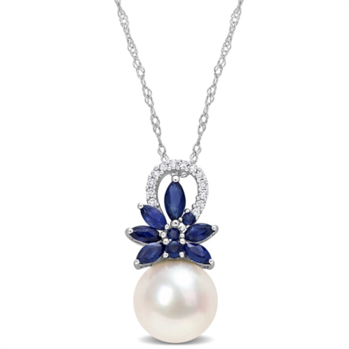 Mimi & Max 9.5-10 mm cultured freshwater pearl and 3/8 ct tgw sapphire and nd diamond accent flower pendant with chain in 14k white gold