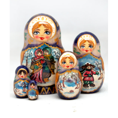 G. DeBrekht designocracy winter play 5-piece russian matryoshka wooden nested dolls set