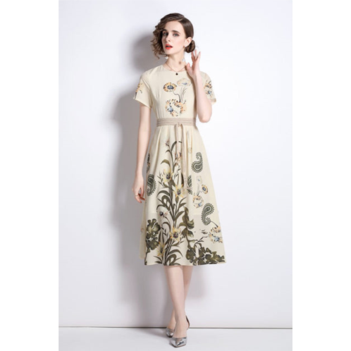 Kaimilan creamy & floral print day a-line crewneck short sleeve midi dress