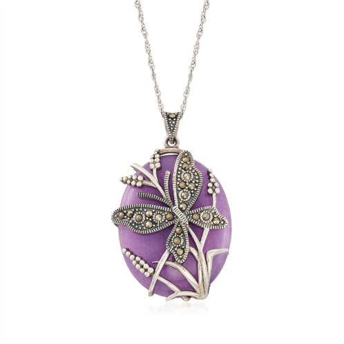 Ross-Simons 30x25mm purple agate and marcasite beaded butterfly pendant necklace in sterling silver