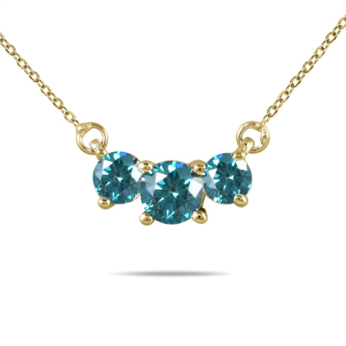 Monary 1 carat tw blue diamond three stone pendant necklace in 14k yellow gold