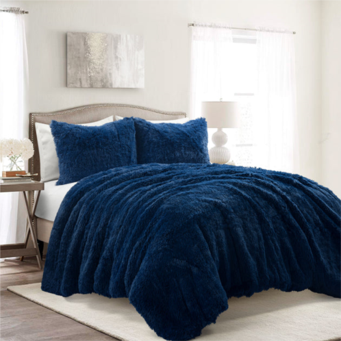 lush decor emma faux fur oversized comforter navy 3pc set full/queen