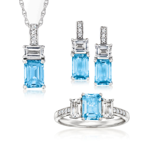 Ross-Simons swiss blue and white topaz jewelry set: earrings, ring and pendant necklace in sterling silver