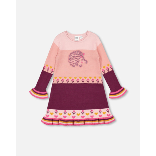 Deux par Deux color block knitted sweater dress pink with hedgehog intarsia
