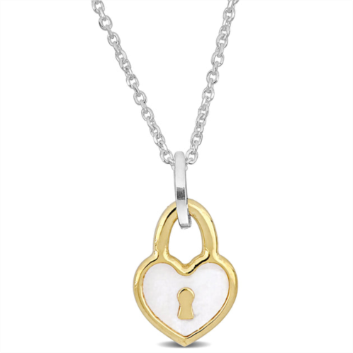 Mimi & Max white and yellow heart lock charm necklace w/ white enamel in sterling silver - 16+2 in.