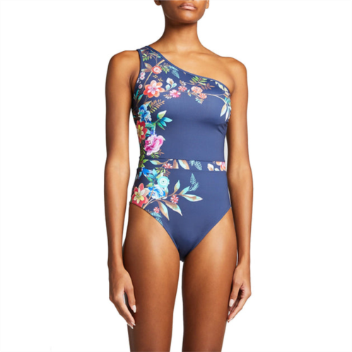 Johnny Was womens blue floral print bloom one shoulder one piece swimsuit