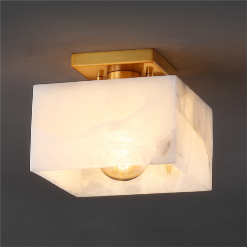 Jonathan Y chiara 8 1-light modern contemporary alabaster/iron square led semi flush mount, white marbling/brass gold
