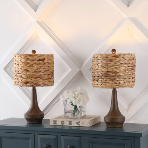 JONATHAN Y theodore 21 rustic farmhouse handwoven rattan/resin led table lamp, brown wood finish (set of 2)