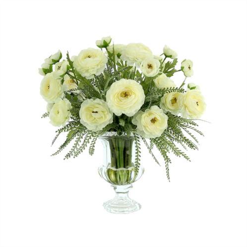 Creative Displays ranunculus floral arrangement in glass pedestal vase