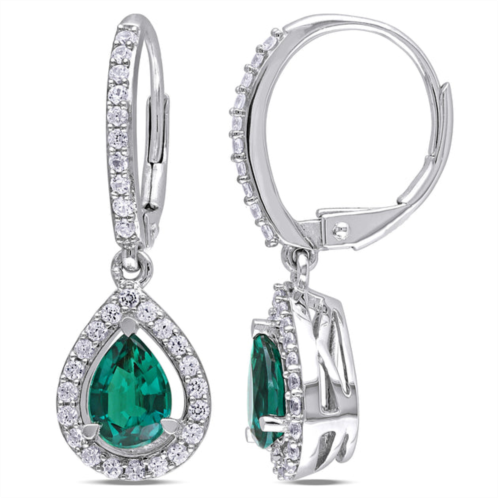 Mimi & Max womens 1 7/8ct tgw created emerald and white sapphire teardrop leverback earrings in sterling silver
