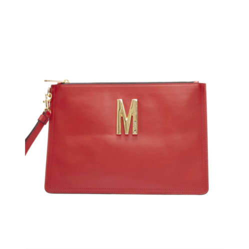 Moschino new couture! smooth red leather gold m top zip wristlet clutch bag