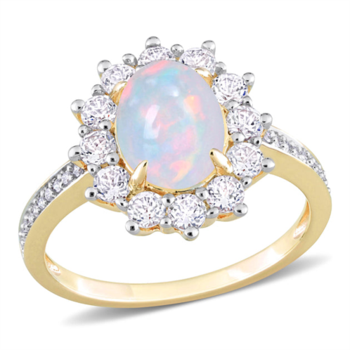 Mimi & Max 2 1/6 ct tgw oval shape blue ethiopian opal and white topaz and 1/10 ct tw diamond halo ring in yellow plated sterling silver