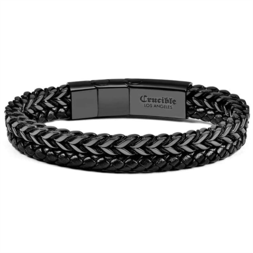Crucible Jewelry crucible los angeles black polished stainless steel black leather and franco chain bracelet
