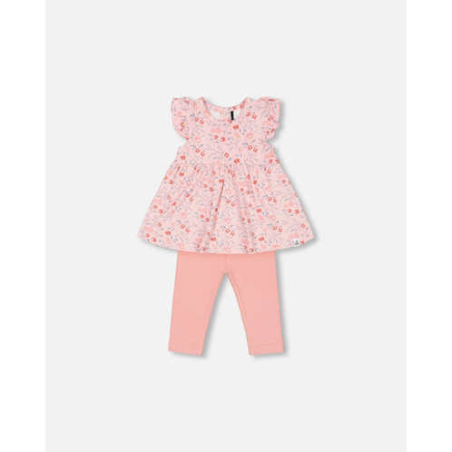 Deux par Deux organic cotton long tunic and leggings set printed pink small flowers