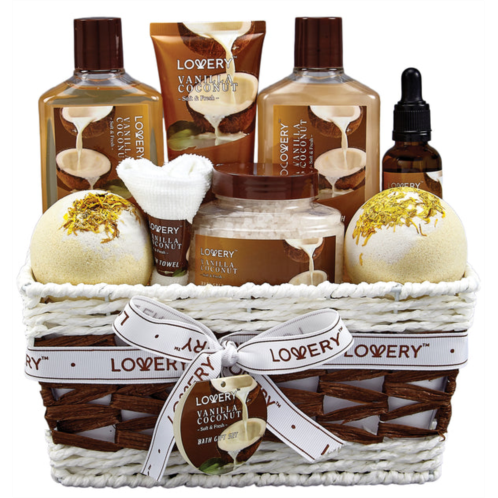 Lovery bath and body gift basket -vanilla coconut home spa - 9pc set