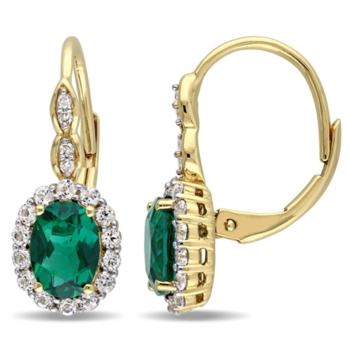 Mimi & Max womens 2 1/4ct tgw oval shape created emerald, white topaz and diamond accent vintage leverback earrings in 14k yellow gold