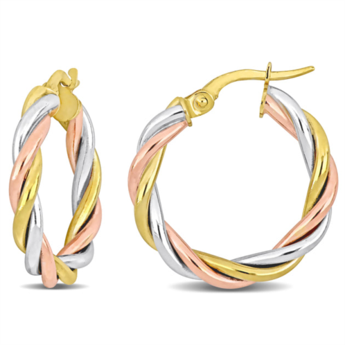 Mimi & Max 21mm twisted hoop earrings in 3-tone yellow, rose, and white 10k gold
