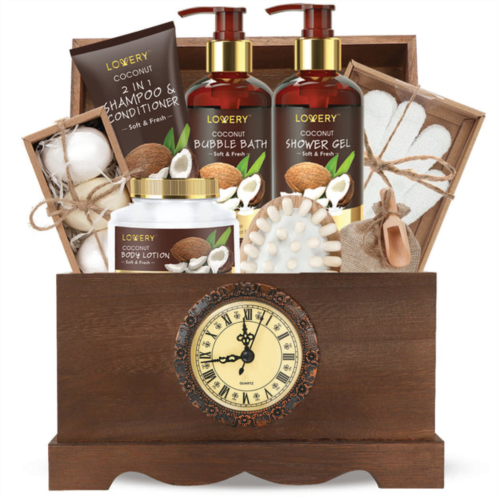 Lovery luxury bath gift set in a vintage style wooden clock box 13 pc premium coconut