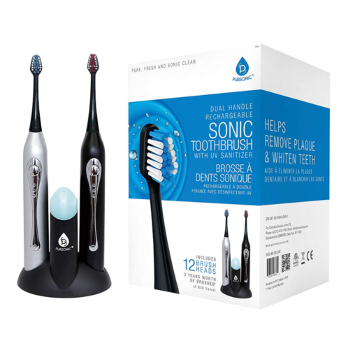 PURSONIC dual handle rechargeable sonic toothbrush with uv sanitizer,12 brush heads, black &silver
