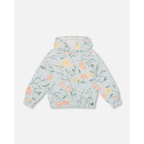 Deux par Deux french terry hooded sweatshirt baby blue with printed romantic flower