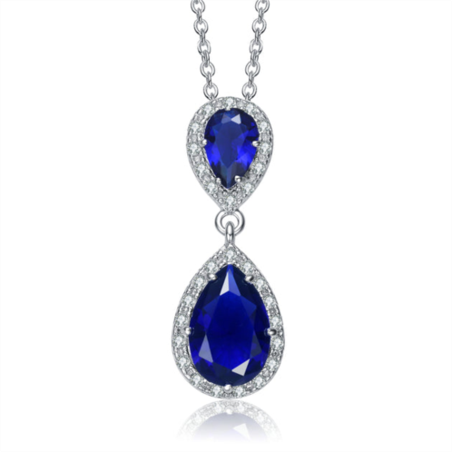Genevive sterling silver with rhodium plated two sapphire blue pear with round cubic zirconia halo drop necklace
