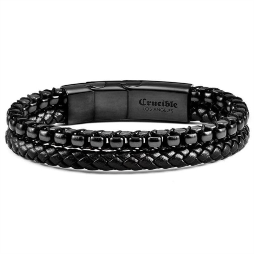 Crucible Jewelry crucible los angeles black polished stainless steel black leather and box chain bracelet