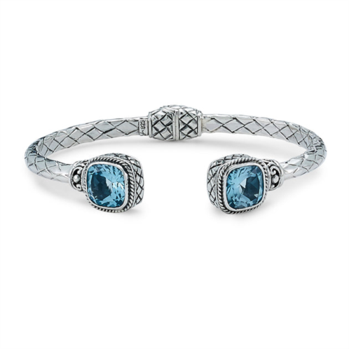 Samuel B. Jewelry sterling silver woven design hinged bangle with cushion blue topaz