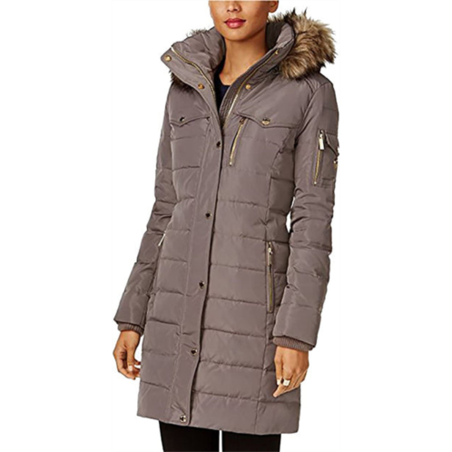 Michael Michael Kors women flannel down 3/4 puffer coat with faux fur and hood