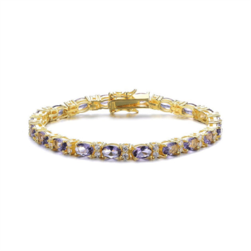 Genevive sterling silver 14k yellow gold plated tennis bracelet with colored and clear oval cubic zirconia in alternation