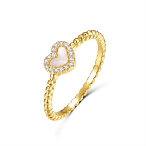 Rachel Glauber 14k yellow gold plated with mother of pearl & diamond cubic zirconia beaded band promise stacking ring