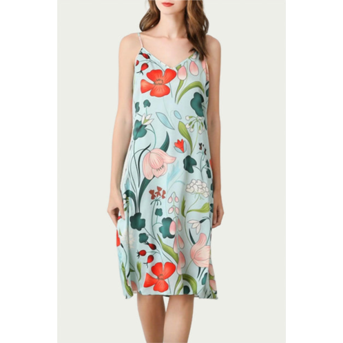 FANGYAN mulberry floral-print silk midi slip dress in sky blue