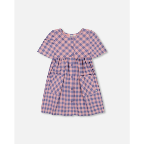 Deux par Deux button front dress with pockets plaid pink and blue