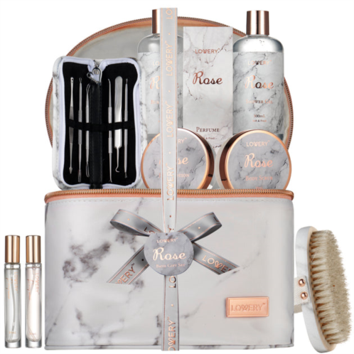 Lovery luxe 16pc bath and body set with cosmetic bag, perfumes and more, rose spa kit